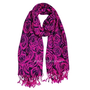 Schal aus Viskose in pink / schwarz, Rosen-Motiv, 70x170cm, 3030